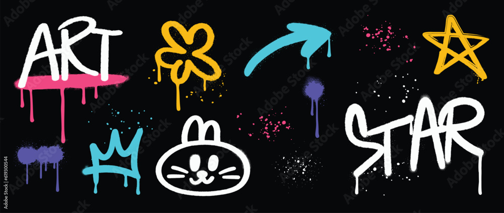 Set of graffiti spray paint vector. Brush paint ink drip collection of text word, arrow, star, crown, flower, rabbit. Neon spray design illustration for decoration, card, sticker, street art. - obrazy, fototapety, plakaty 