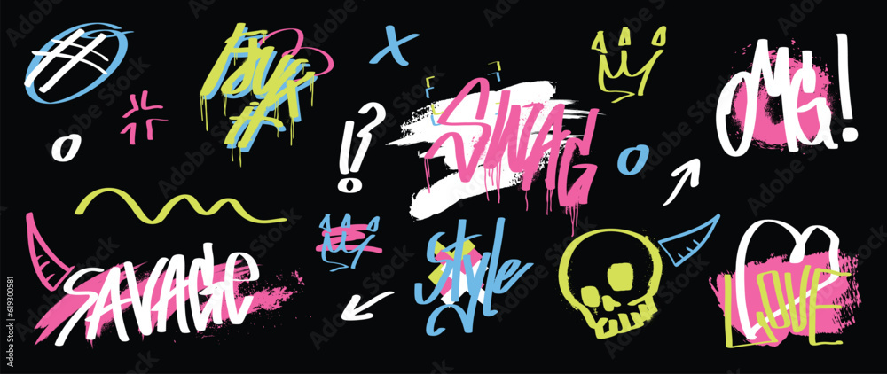 Set of graffiti spray paint vector. Brush paint ink drip collection of text word, arrow, crown, heart, omg, love, skull. Neon spray design illustration for decoration, card, sticker, street art. - obrazy, fototapety, plakaty 