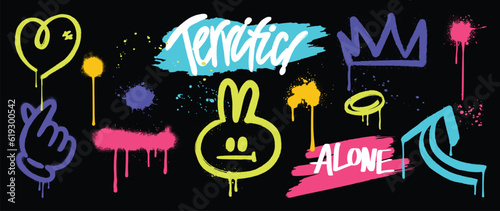 Set of graffiti spray paint vector. Brush paint ink drip collection of text word, arrow, star, crown, heart, hand, rabbit. Neon spray design illustration for decoration, card, sticker, street art.