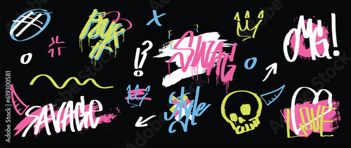 Set of graffiti spray paint vector. Brush paint ink drip collection of text word, arrow, crown, heart, omg, love, skull. Neon spray design illustration for decoration, card, sticker, street art.