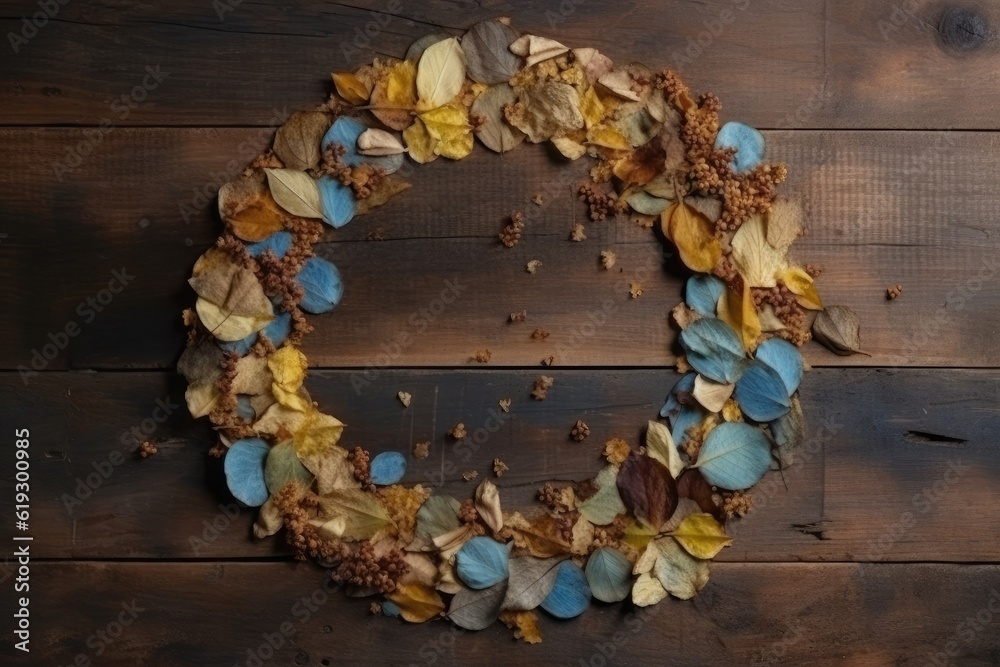 rustic wreath made of leaves on a wooden surface