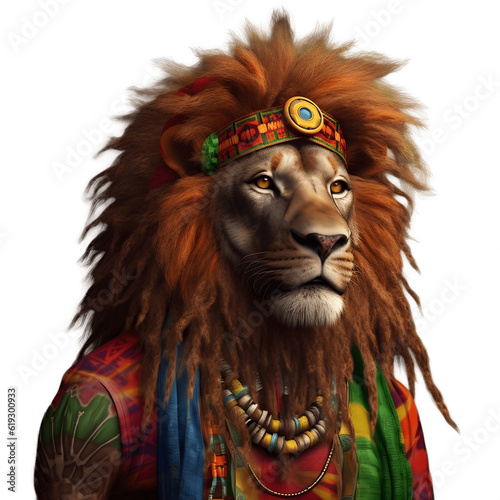 Portrait of a lion dressed in a reggae suit isolated on transparent background