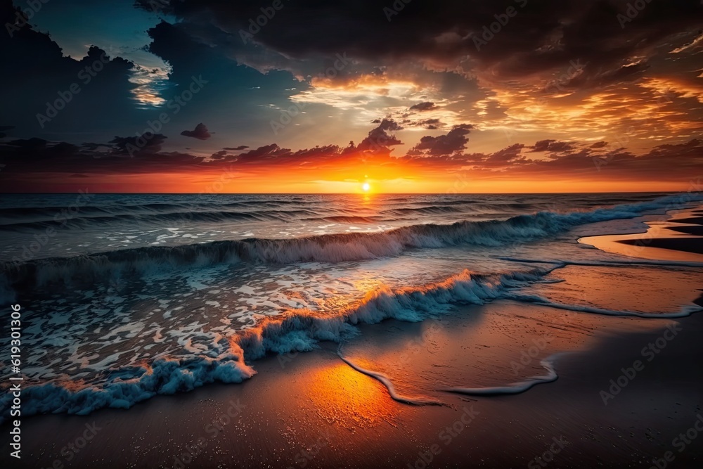 beautiful sunset over the ocean with waves crashing onto the shore. Generative AI