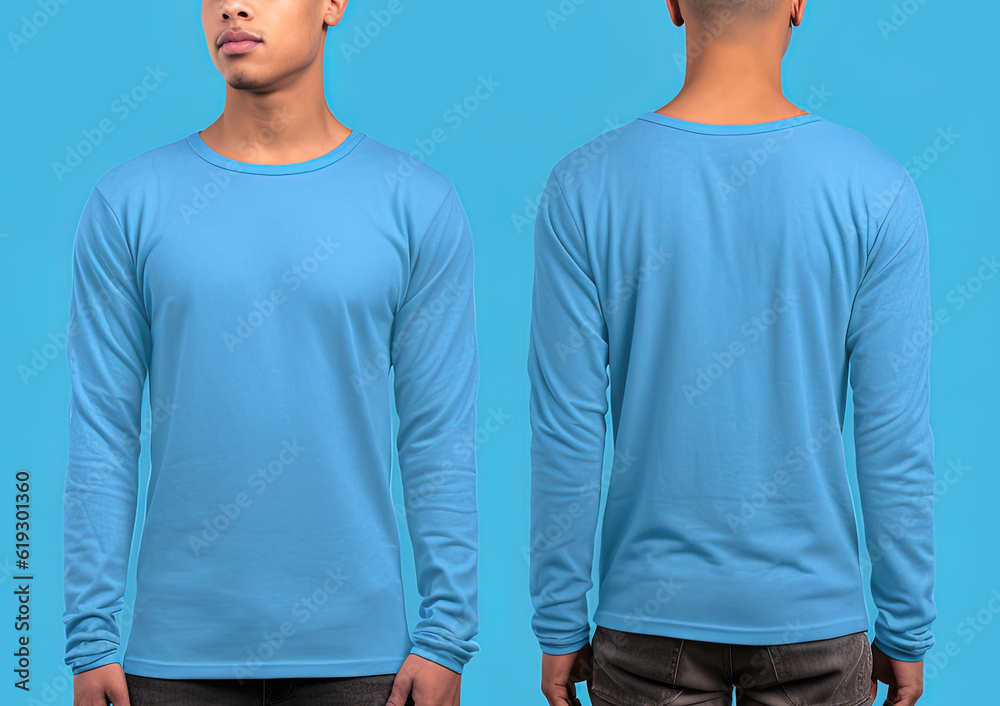 Man wearing a blue T-shirt with long sleeves. Front and back view Man wearing a blue T-shirt with long sleeves. Front and back view