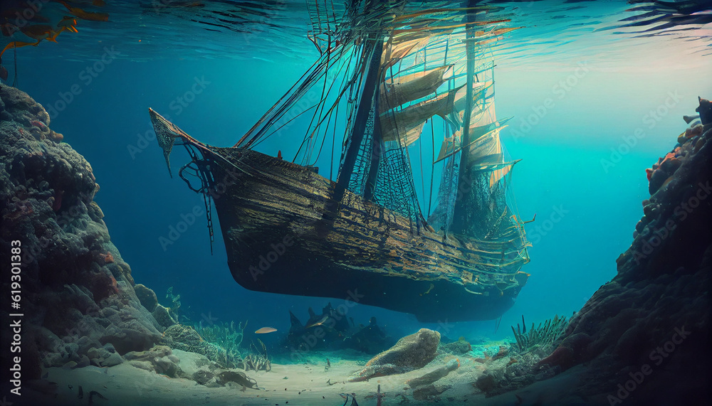Underwater landscape with sunken sail ship. Ai generated image