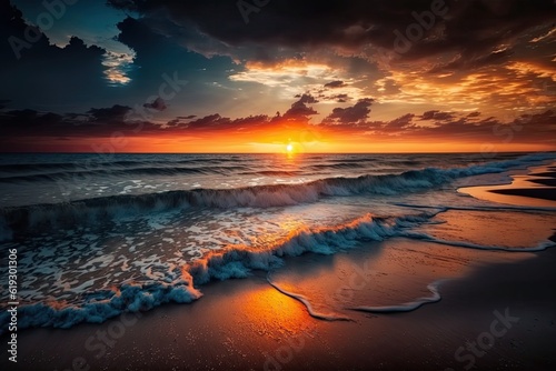 beautiful sunset over the ocean with waves crashing onto the shore. Generative AI