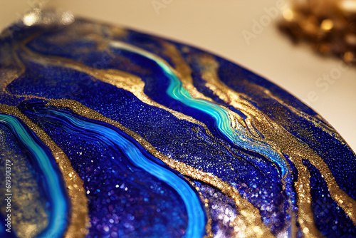 Blue and golden acrylic liquid ink swirl abstract background with ravishing turbulence wavy pattern and detailed texture. Luxury fluid liquid art by Generative AI.