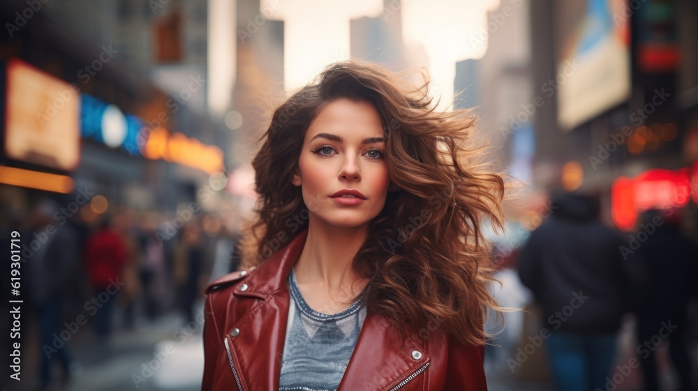 A beautiful woman portrait, city street with new york city as background. Generative AI.