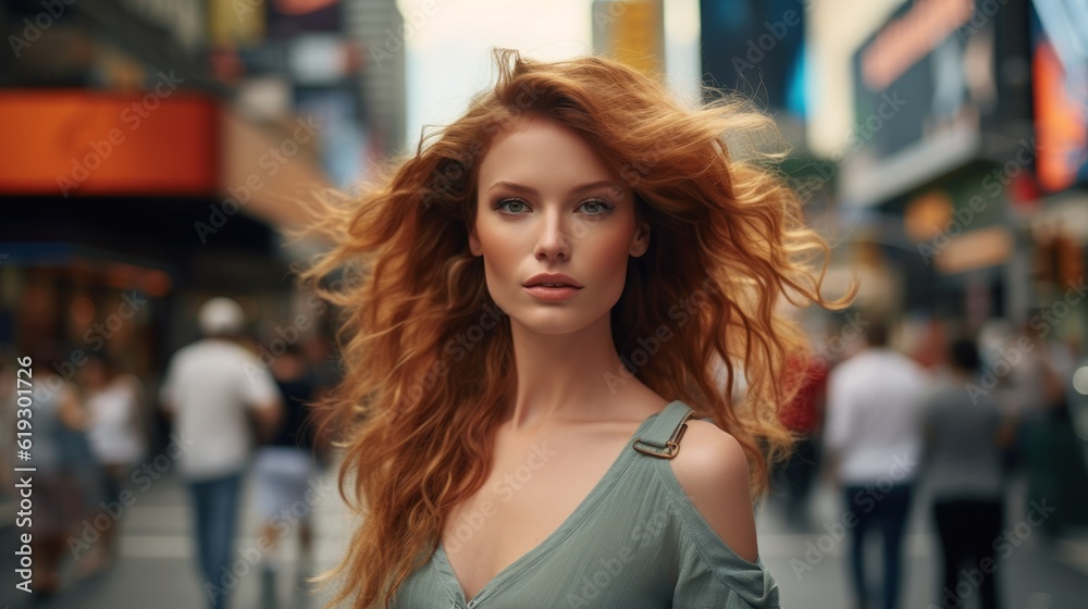 A beautiful woman portrait, city street with new york city as background. Generative AI. A beautiful woman portrait, city street with new york city as background. Generative AI.