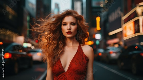 A beautiful woman portrait, city street with new york city as background. Generative AI.