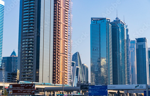 Dubai, UAE - 21.06.2023 - Shot of the modern skyscrapers along Sheikh Zayed road