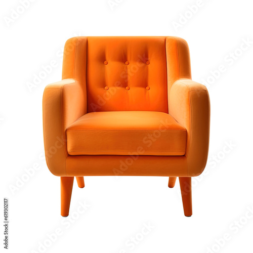 Armchair art deco style in orange isolated on transparent background. Front view. Series of furniture