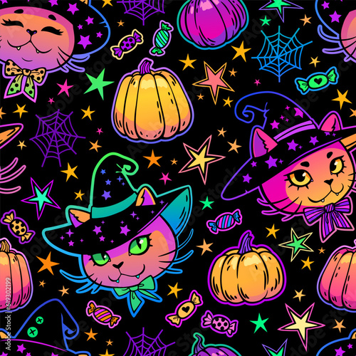 Seamless halloween pattern of adorable cats and festive elements