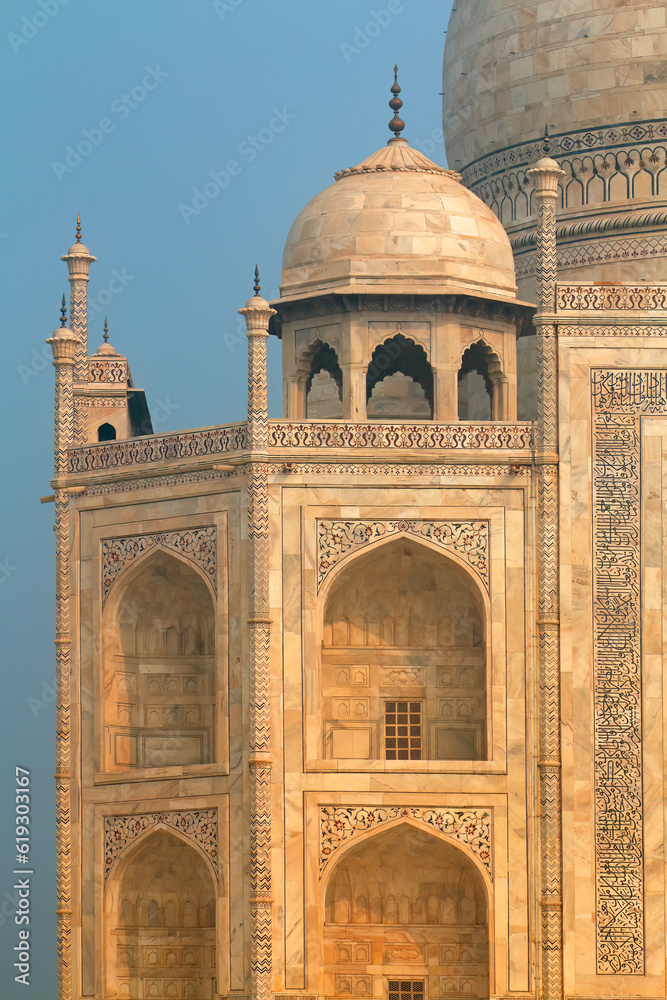 Architectural detail of the famous Taj Mahal mausoleum, Agra, India .