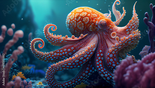 Underwater world. Octopus. corals Ai generated image