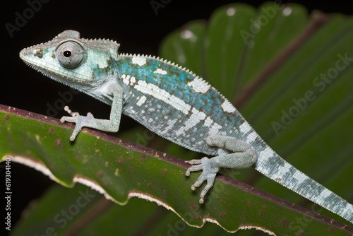 blue and white lizard perched on a green leaf. Generative AI