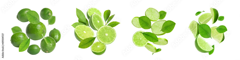 Fresh lime fruits and green leaves falling on white background, collage design
