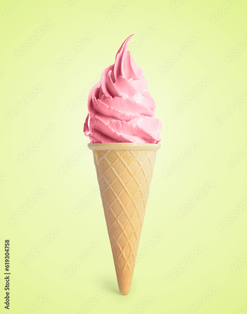 Delicious soft serve berry ice cream in crispy cone on pastel green yellow background Delicious soft serve berry ice cream in crispy cone on pastel green yellow background
