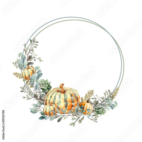 Watercolour floral frame with pumpkins with space for text. Empty space for your design, for printing postcards, congratulations, stickers on envelopes. Eucalyptus, pumpkins, geometry