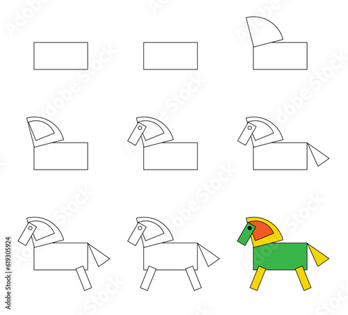 Worksheet easy guide to drawing cartoon horse. Simple step-by-step drawing tutorial for kids.