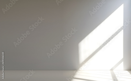 Fototapeta Naklejka Na Ścianę i Meble -  Creative interior concept. Large empty grey white wall room with natural window panel shadow. Banner template for product presentation. Mock up 3D rendering living, office, gallery, museum
