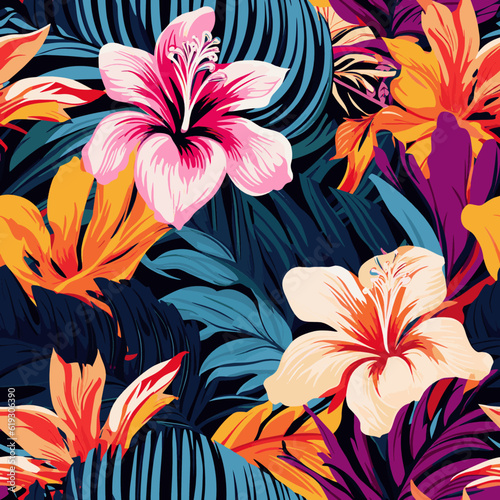 Eye-catching Modern Tropical Floral Pattern  A Seamless  Colorful and Abstract Design for Unique  Contemporary Prints. Seamless pattern. Infinitely tileable.