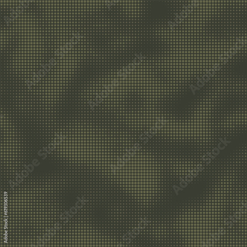 Abstract halftone seamless camouflage texture. Dot pattern in dark khaki green colors, camo digital two color background. Vector wallpaper