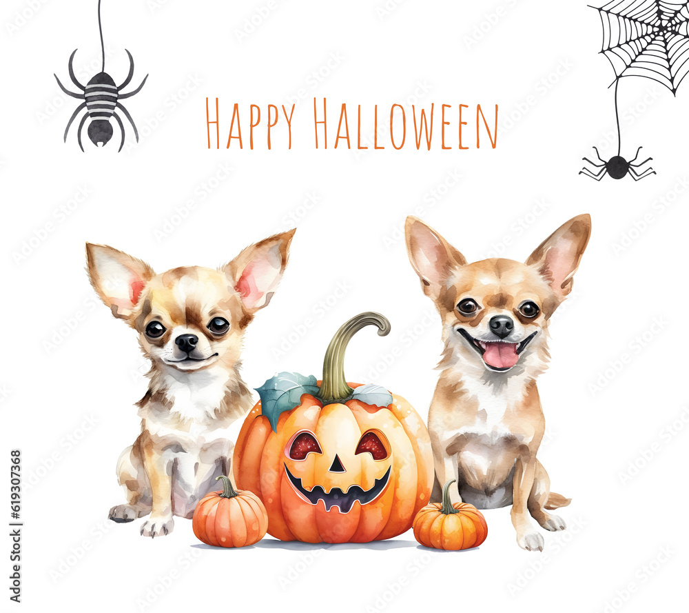 Watercolor illustration of a Halloween chihuahua dog wearing witch hat with pumpkin. Pet lovers theme Halloween card. AI generated.
