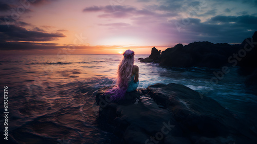 silhouette of a Mermaid standing on a rock at sunset
