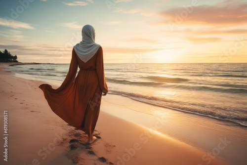Woman wearing Hijab standing on the beach. Generative AI Image