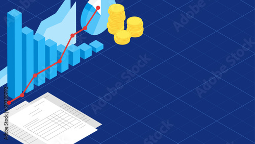 売上などを表すグラフと書類のインフォグラフィックの背景素材