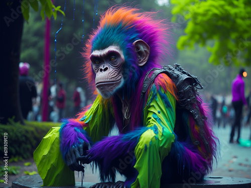 monkey with multi-colored hair in the park. AI generated 