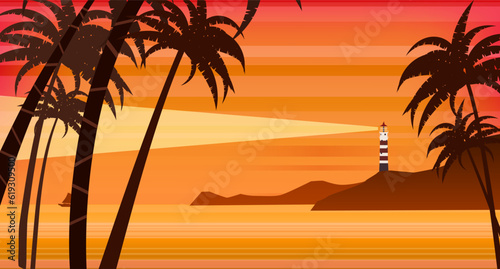 Banner Lighthouse tower, beacon on tropical seashore ocean with ray of light