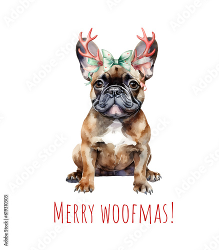Watercolor Christmas french bulldog. Xmas cute dog in hat  tie and bow. Merry Christmas bulldog. AI generated.