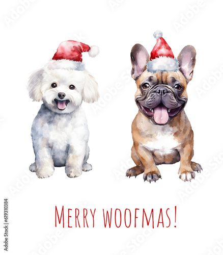 Watercolor Christmas french bulldog and bichon. Xmas cute dog in hat, tie and bow. Merry Christmas bulldog. AI generated. © Берилло Евгения