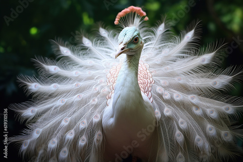 Albino peacock in nature, portrait of an exotic white rare animal