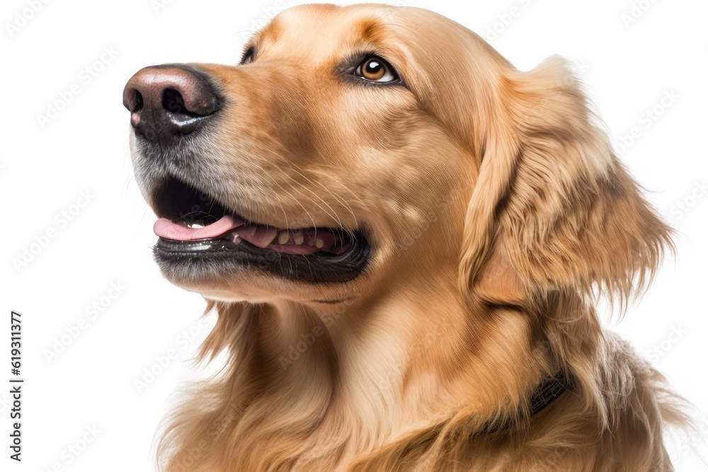 dogs face in close up against a plain white background. Generative AI