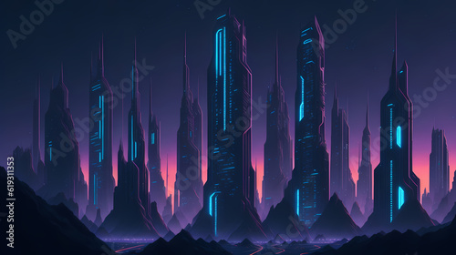 Alien city otherworldly future skyscrapers with neon glow high tech advanced civilization buildings future generation Alien planet