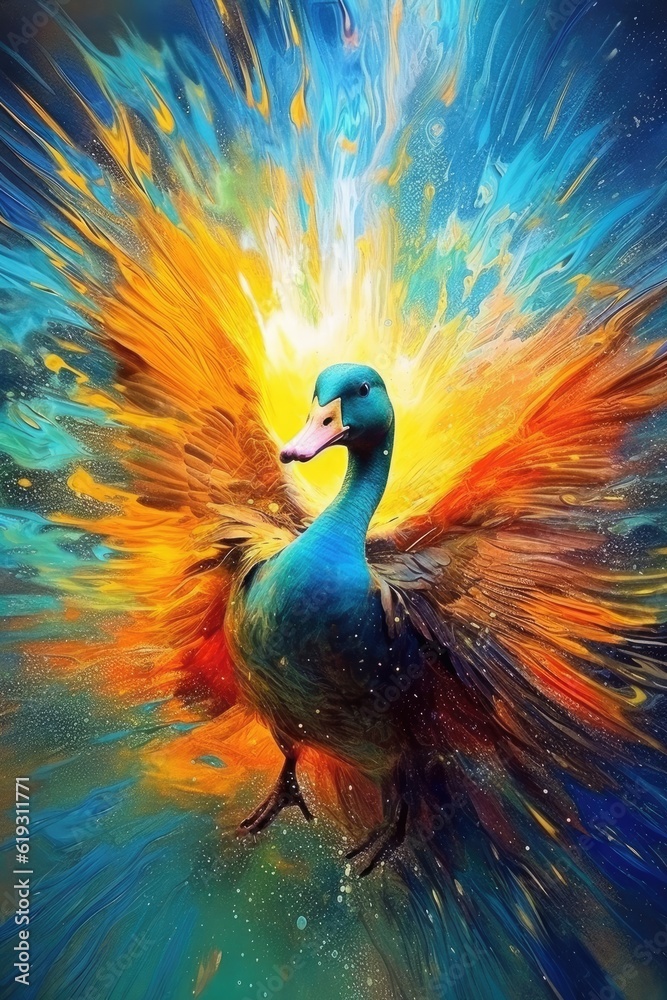Obraz premium goose form and spirit through an abstract lens. dynamic and expressive goose print by using bold brushstrokes, splatters, and drips of paint. goose untamed energy cute goose poster