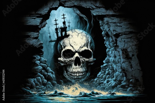 skull in a mystical cave with a ghostly ship in the distant background. Generative AI