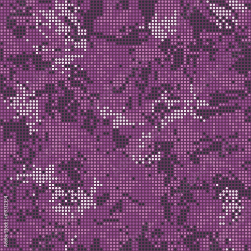 Halftone digital vinous camouflage. LED screen pattern in maroon tones, camo grid, polka dot background. Seamless vector texture