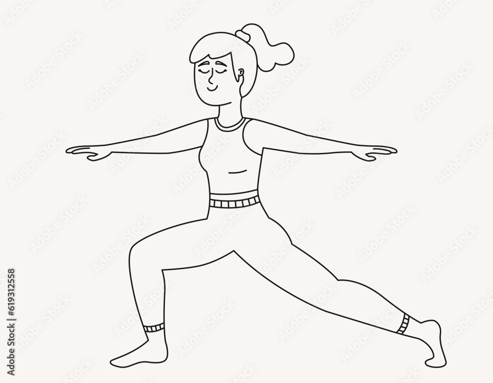 Fototapeta premium Woman doing warrior II pose. Female person in outline style.