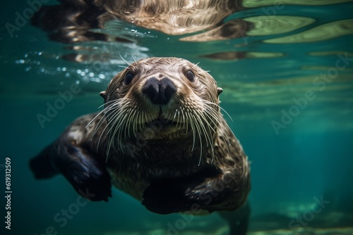 Cute Sea Otter Playing Underwater © Denis