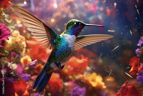 Multicolored hummingbird flies to the flower.  © Denis