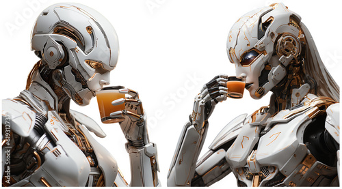 Two robots act almost humanly by drinking a cup of coffee on a transparent background, Generative AI photo