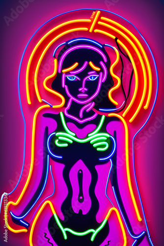 Illustration of a neon sign featuring a young woman.  AI-generated fictional illustration  
