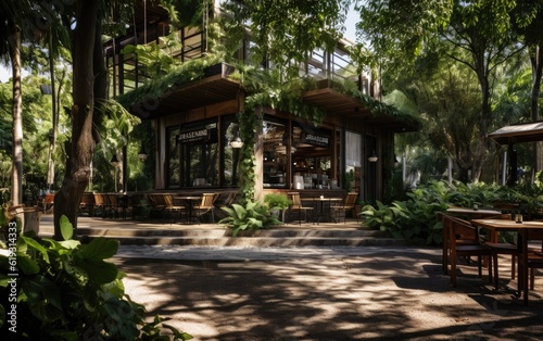 A wooden cafe in the jungle at the morning.