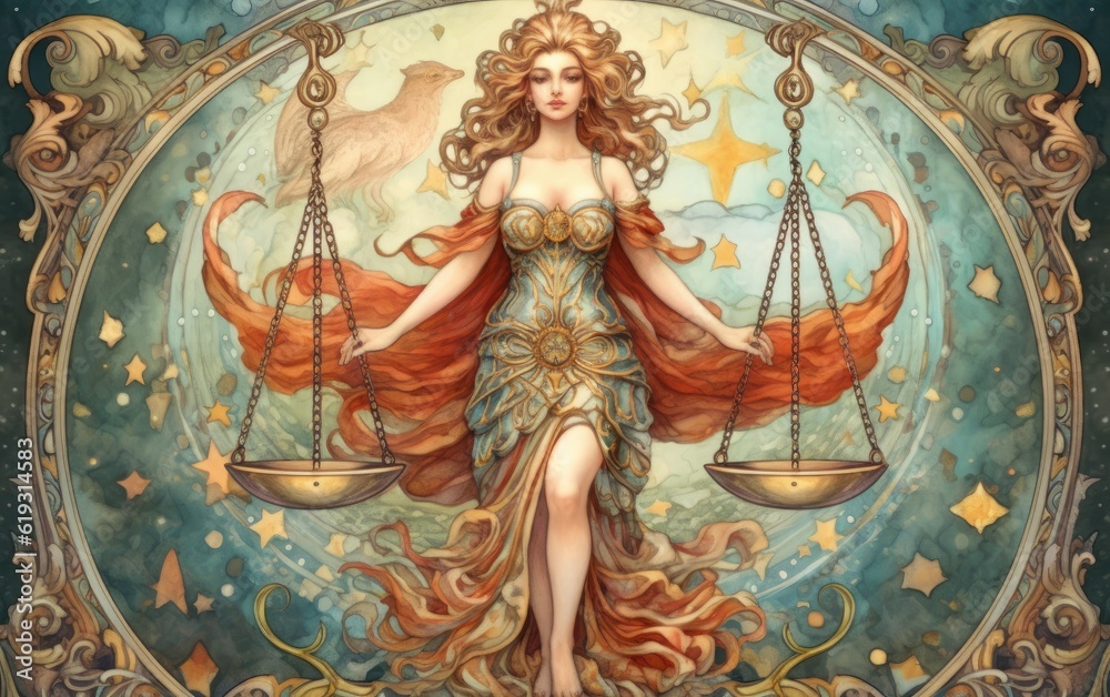 Obraz premium A libra god holding the scales at the colorful background.