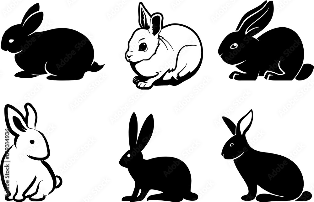 Set of black silhouettes rabbits. Rabbit icons as symbol of softness ...