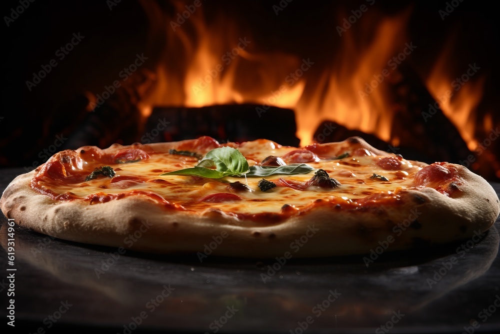 Fresh baked pizza closeup, traditional wood fired oven.